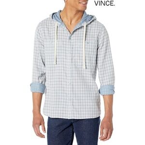 VINCE MEN NWT DESERT PLAID LONG SLEEVE HOODED CITY BLUE COTTON SHIRT. SIZE M